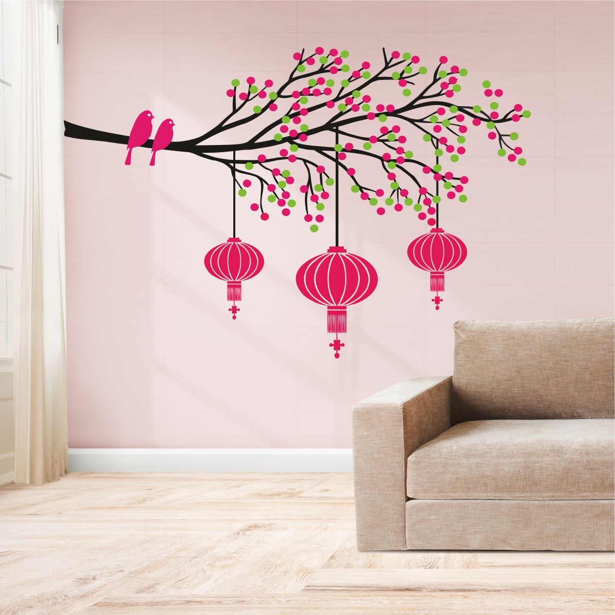 Homexa Decor | Tree With Lamp and Birds Design Wall Sticker (Size 85 x 55 cm)