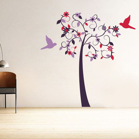 Homexa Decor | Tree With Flower and Flying Birds Wall Sticker (Size 80 x 80 cm)