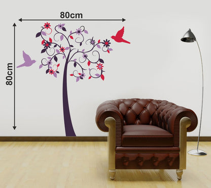 Homexa Decor | Tree With Flower and Flying Birds Wall Sticker (Size 80 x 80 cm)