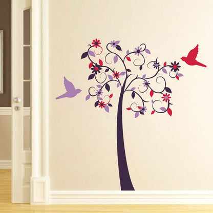 Homexa Decor | Tree With Flower and Flying Birds Wall Sticker (Size 80 x 80 cm)