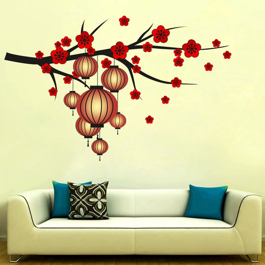 Homexa Decor | Tree With Lamp and Flower Design Wall Sticker (Size 84 x 54 cm)