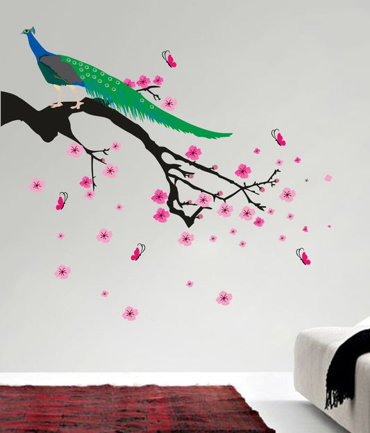 Homexa Decor | Tree With Flower and Peacock Design Wall Sticker (Size 86 x 77 cm)