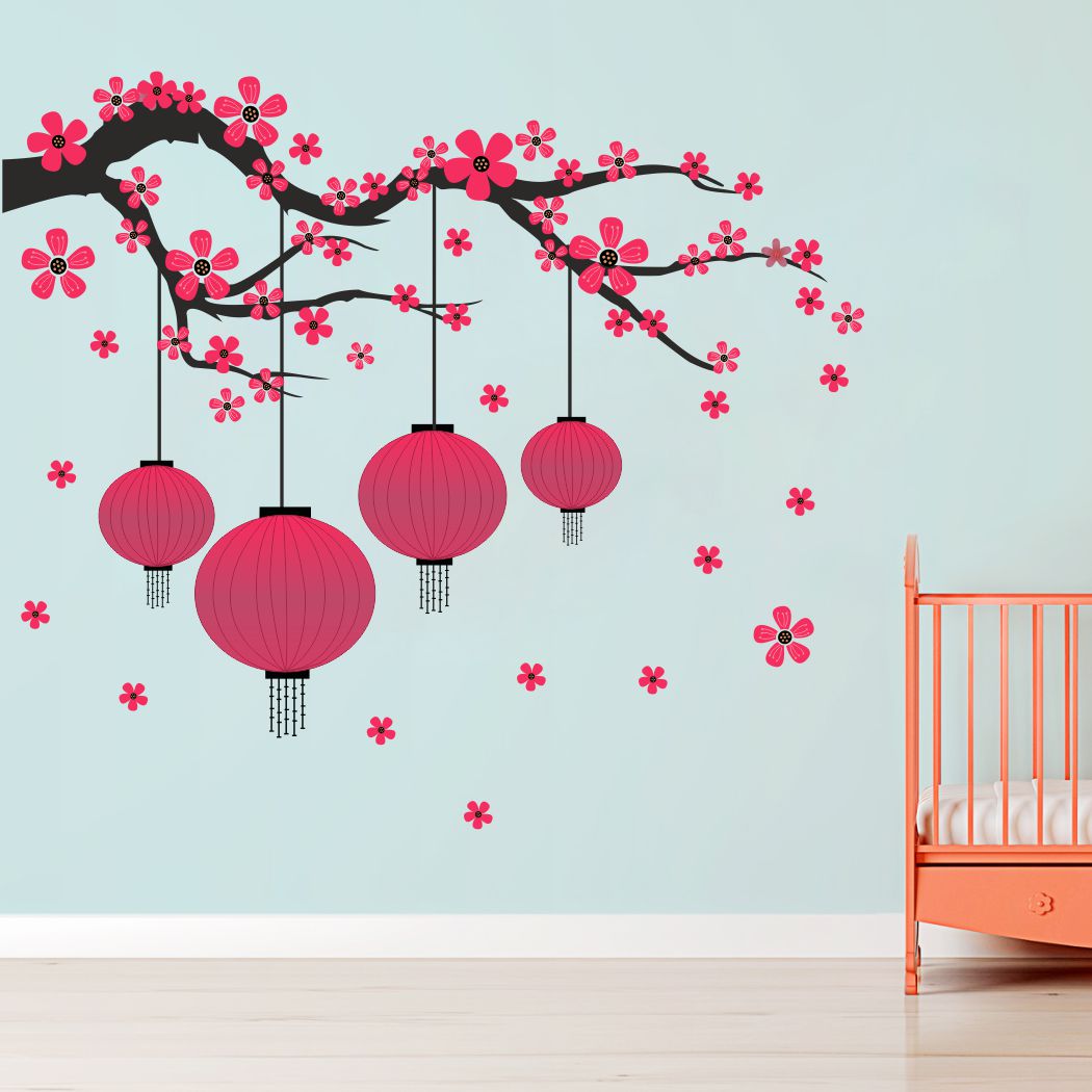 Homexa Decor | Tree With Lamp and Flower Design Wall Sticker (Size 82 x 70 cm)