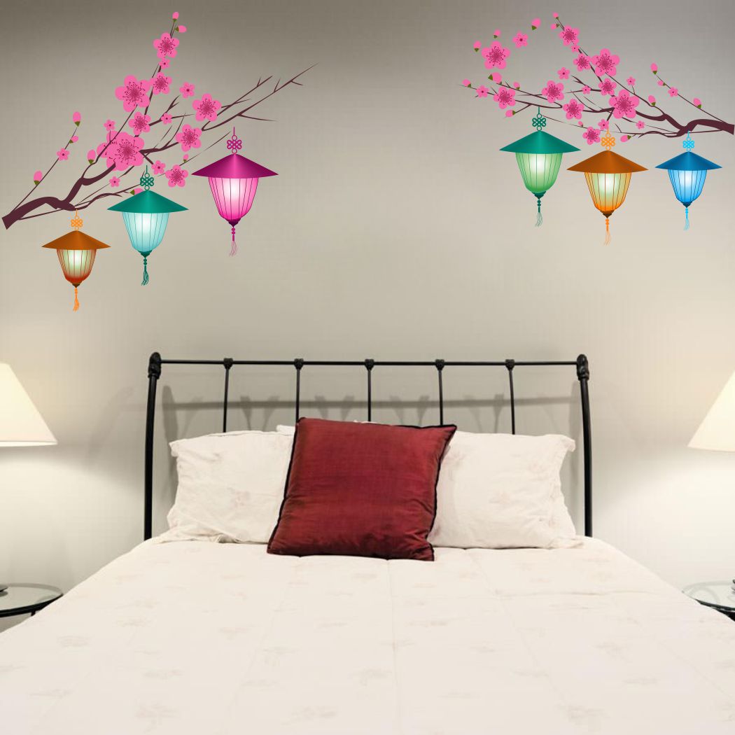 Homexa Decor | Tree With Lamp and Flower Design Wall Sticker (Size 89 x 53 cm)