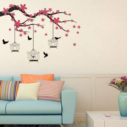 Homexa Decor | Tree With Flower -Birds-Hanging Cage Design Wall Sticker (Size 91 x 66 cm)