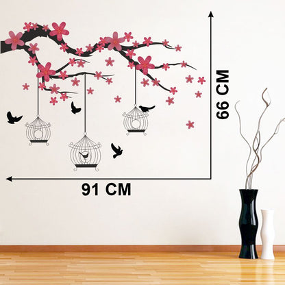 Homexa Decor | Tree With Flower -Birds-Hanging Cage Design Wall Sticker (Size 91 x 66 cm)