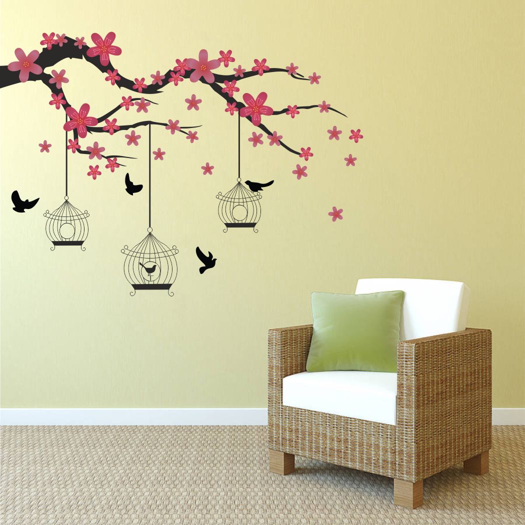 Homexa Decor | Tree With Flower -Birds-Hanging Cage Design Wall Sticker (Size 91 x 66 cm)