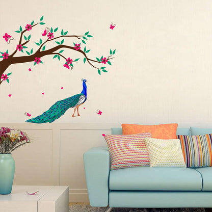 Homexa Decor | Tree With Flower and Peacock Design Wall Sticker (Size 80 x 84 cm)