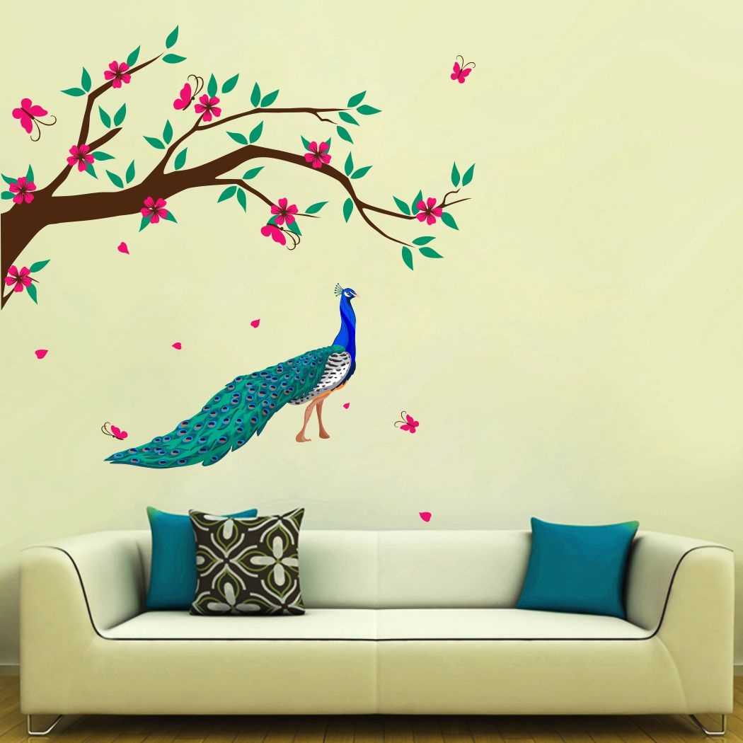 Homexa Decor | Tree With Flower and Peacock Design Wall Sticker (Size 80 x 84 cm)