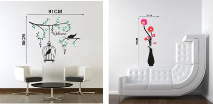 Homexa Decor | Tree-Birds-Hanging Cage-Pot Flower Design Wall Sticker (Size 95 x 58 cm)