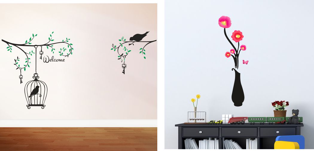 Homexa Decor | Tree-Birds-Hanging Cage-Pot Flower Design Wall Sticker (Size 95 x 58 cm)