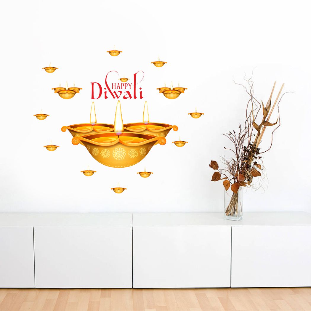 Homexa Decor | Beautiful Deepak Combo ( Happy Diwali ) Design Wall Sticker (Size 50 x 58 cm)