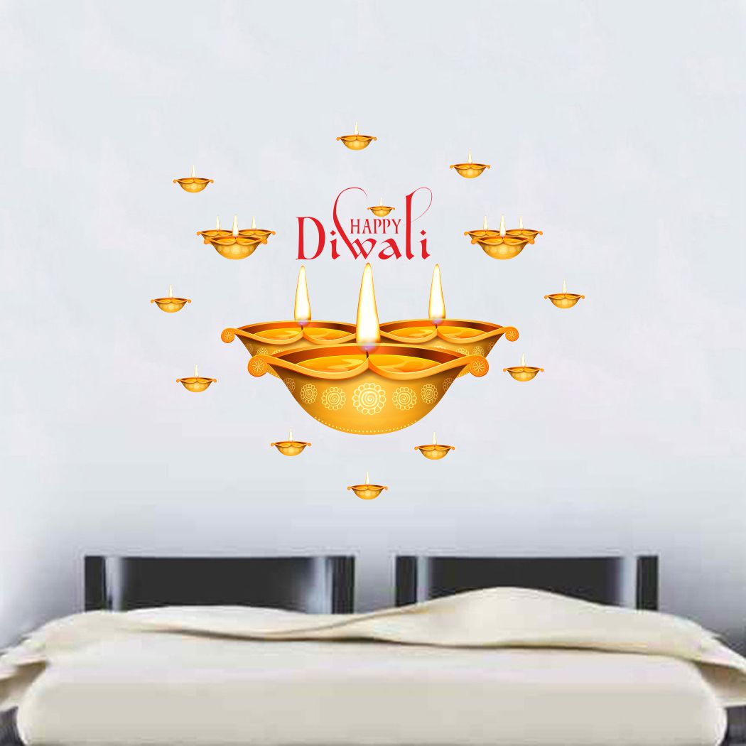 Homexa Decor | Beautiful Deepak Combo ( Happy Diwali ) Design Wall Sticker (Size 50 x 58 cm)