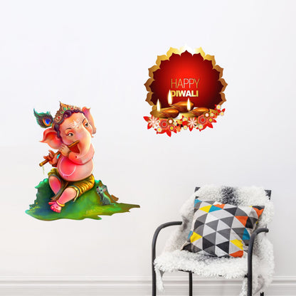 Homexa Decor | God of Ganesh-Happy Diwali Combo Design Wall Sticker (Size 58 x 42 cm)