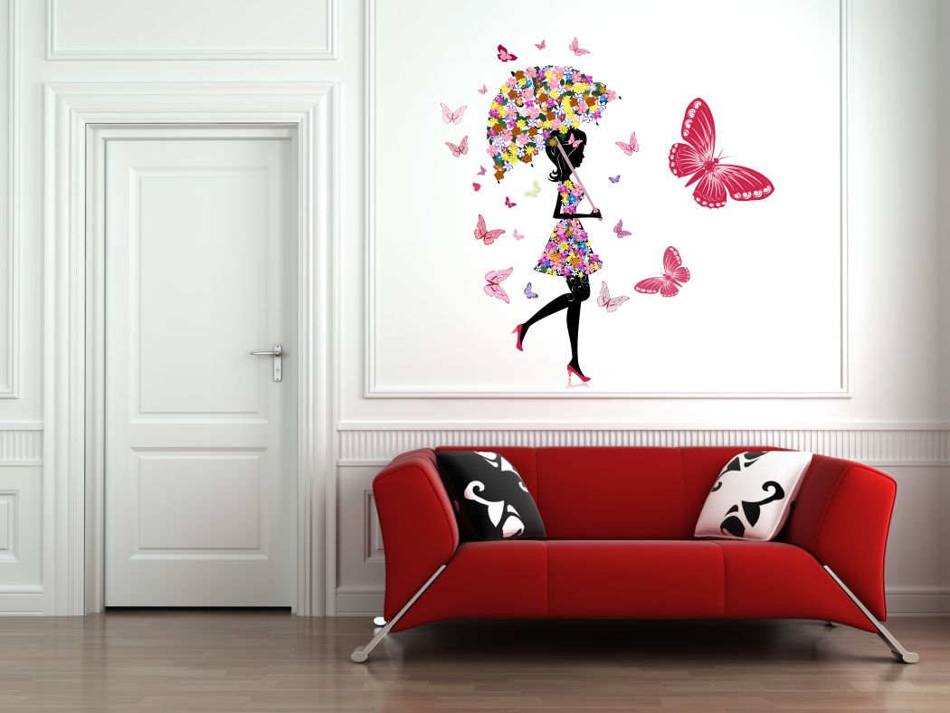 Homexa Decor | Umbrella With Fairy and Butterfly Design Wall Sticker (Size 58 x 61 cm)