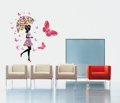 Homexa Decor | Umbrella With Fairy and Butterfly Design Wall Sticker (Size 58 x 61 cm)