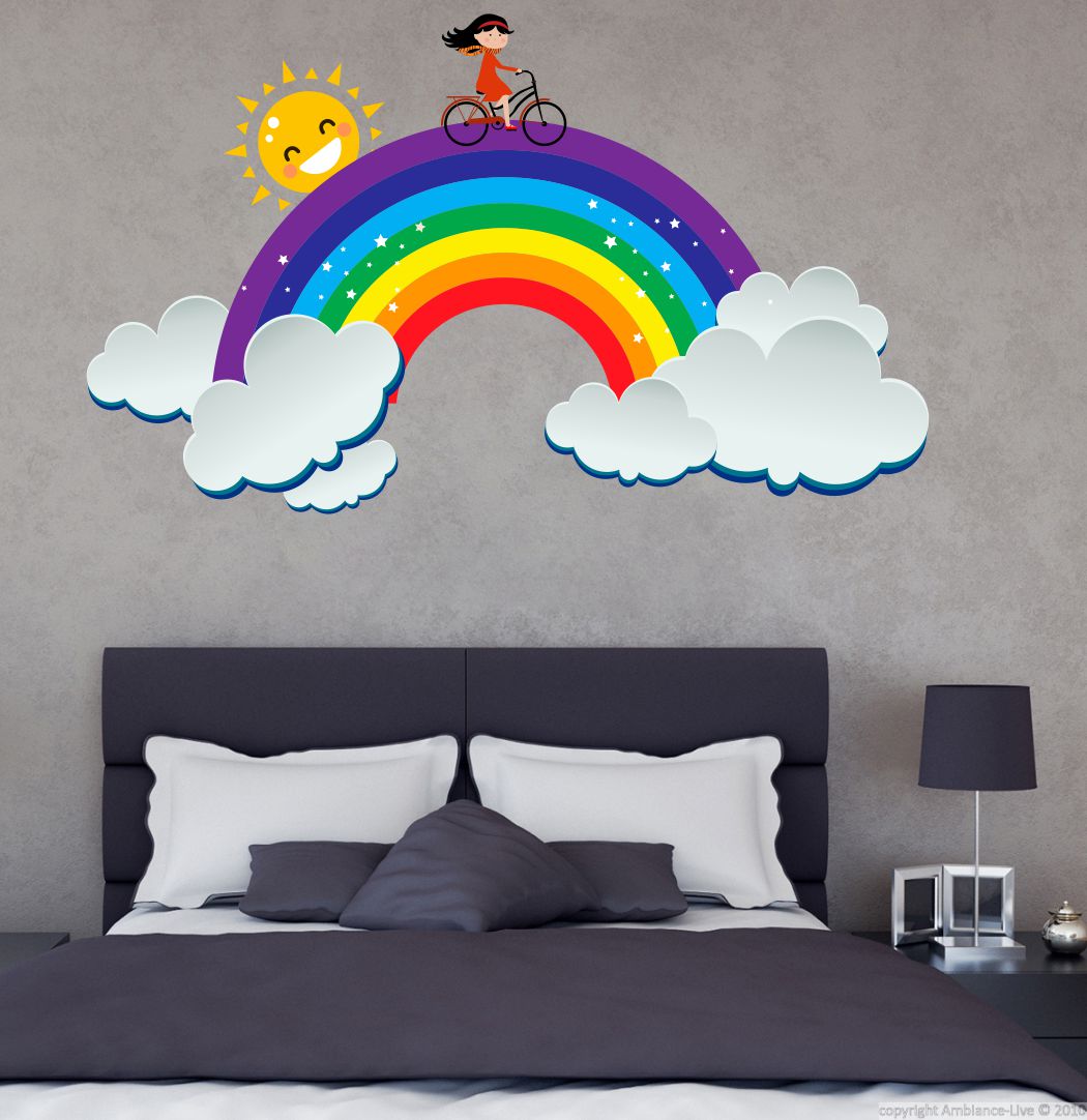 Homexa Decor | Rainbow with Sun and Clouds Design Wall Sticker (Size 57 x 34 cm)