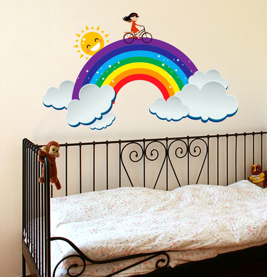 Homexa Decor | Rainbow with Sun and Clouds Design Wall Sticker (Size 57 x 34 cm)