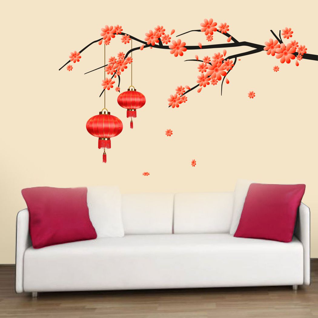 Homexa Decor | Tree With Flower and Lamp Design Wall Sticker (Size 62 x 102 cm)