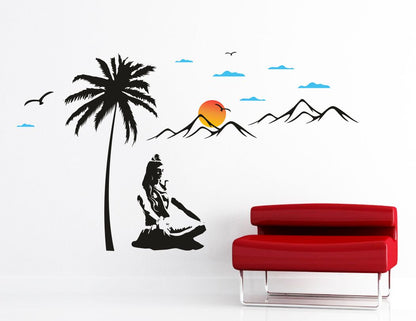 Homexa Decor | Sun Set Behind Lord Shiva Tree Design Wall Sticker (Size 104 x 61 cm)