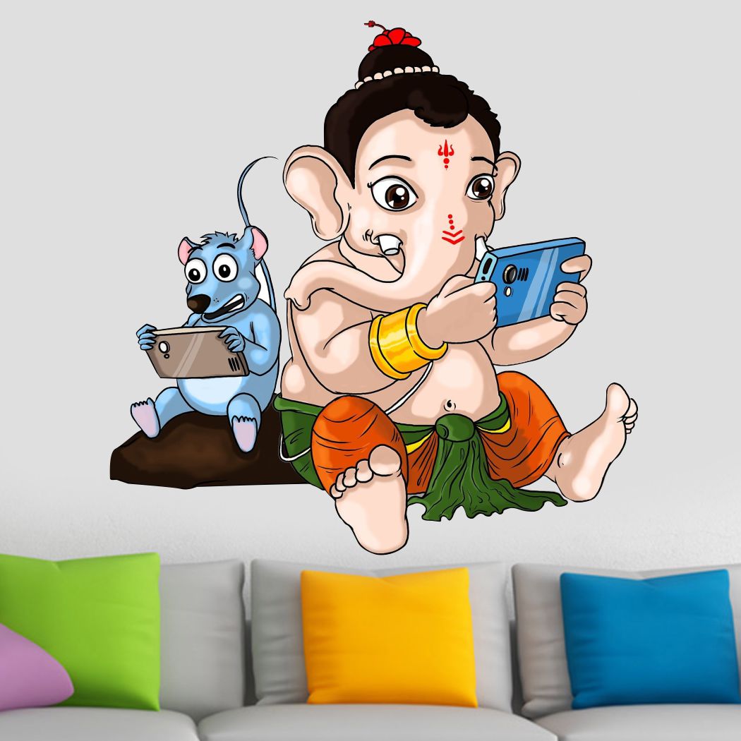 Homexa Decor | Animated Ganesha & mouse with mobile Design  Wall Sticker (Size 55x56 cm)