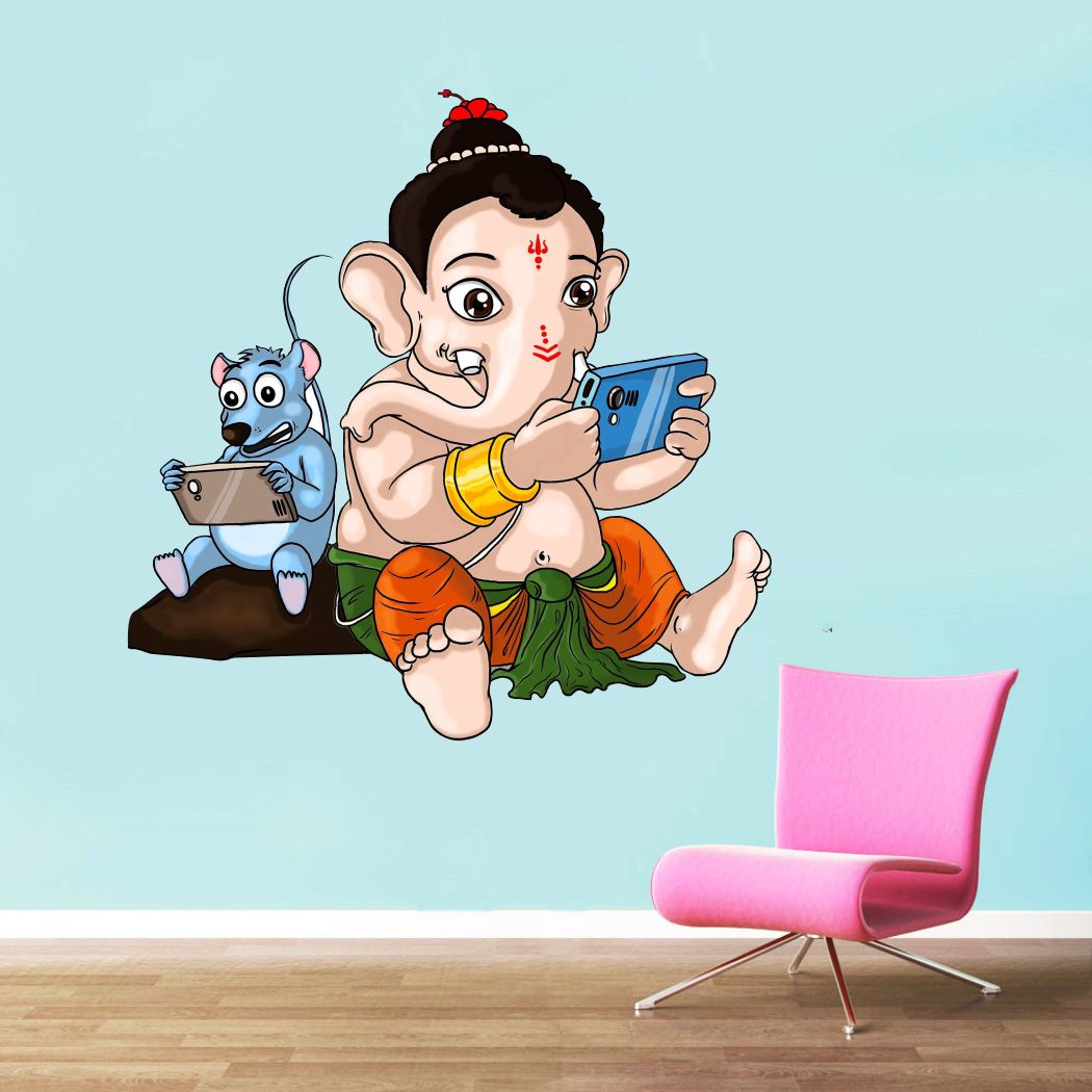 Homexa Decor | Animated Ganesha & mouse with mobile Design  Wall Sticker (Size 55x56 cm)