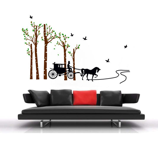 Homexa Decor | Horse Cart with Trees & Birds Design Wall Sticker (Size 97x60 cm)