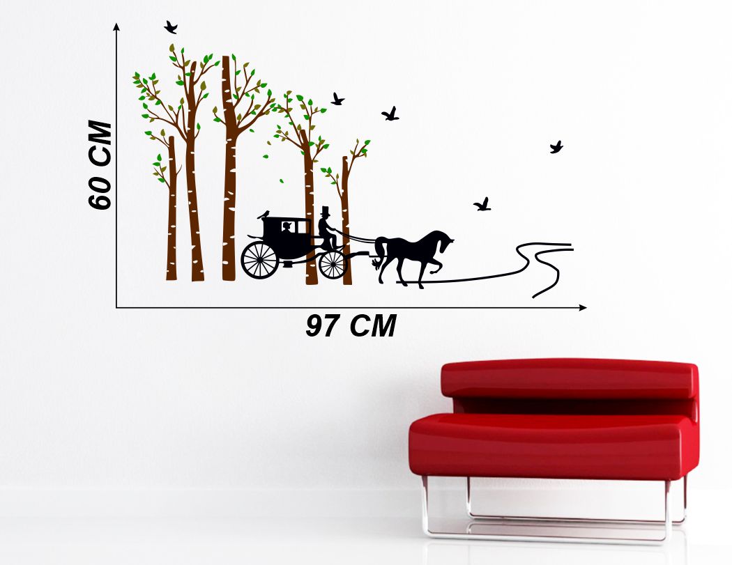 Homexa Decor | Horse Cart with Trees & Birds Design Wall Sticker (Size 97x60 cm)