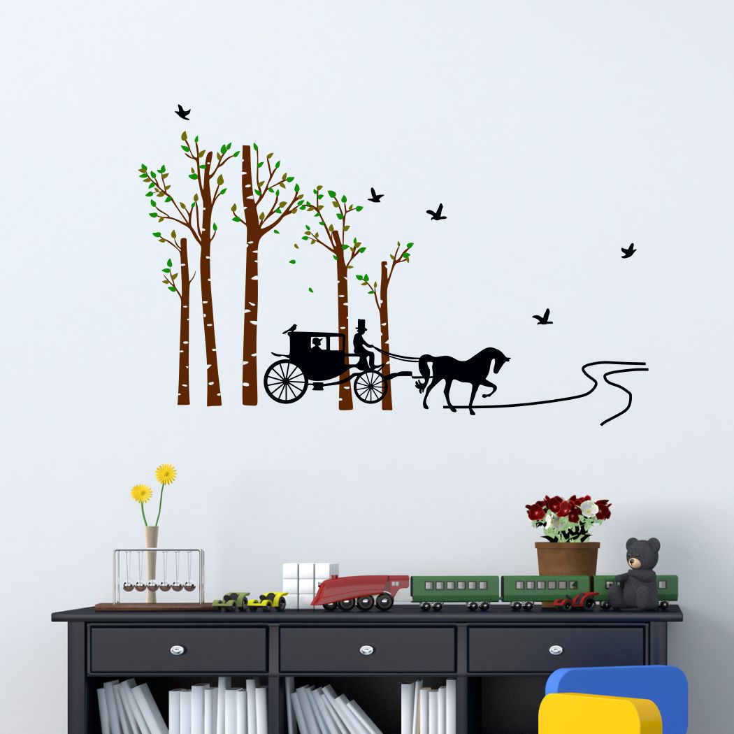 Homexa Decor | Horse Cart with Trees & Birds Design Wall Sticker (Size 97x60 cm)