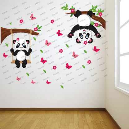 Homexa Decor | Beautiful Hanging Pandas and Butterfly Design Wall Sticker (Size 88X68 cm)