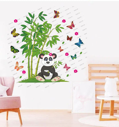 Homexa Decor | Beautiful Playing Pandas and Butterfly Design Wall Sticker (Size 58X59 cm)