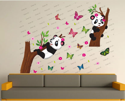 Homexa Decor | Beautiful Tree With Pandas and Butterfly Design Wall Sticker (Size 96X74 cm)