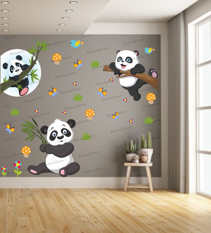 Homexa Decor | Beautiful Pandas and Butterfly Design Wall Sticker (Size 79X86 cm)