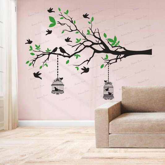 Homexa Decor | Branches With Birds and With Hanging Cages Design Wall Sticker (Size 117 X 85 cm)