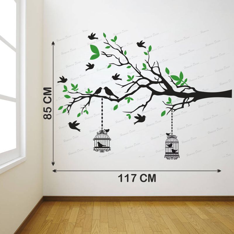 Homexa Decor | Branches With Birds and With Hanging Cages Design Wall Sticker (Size 117 X 85 cm)