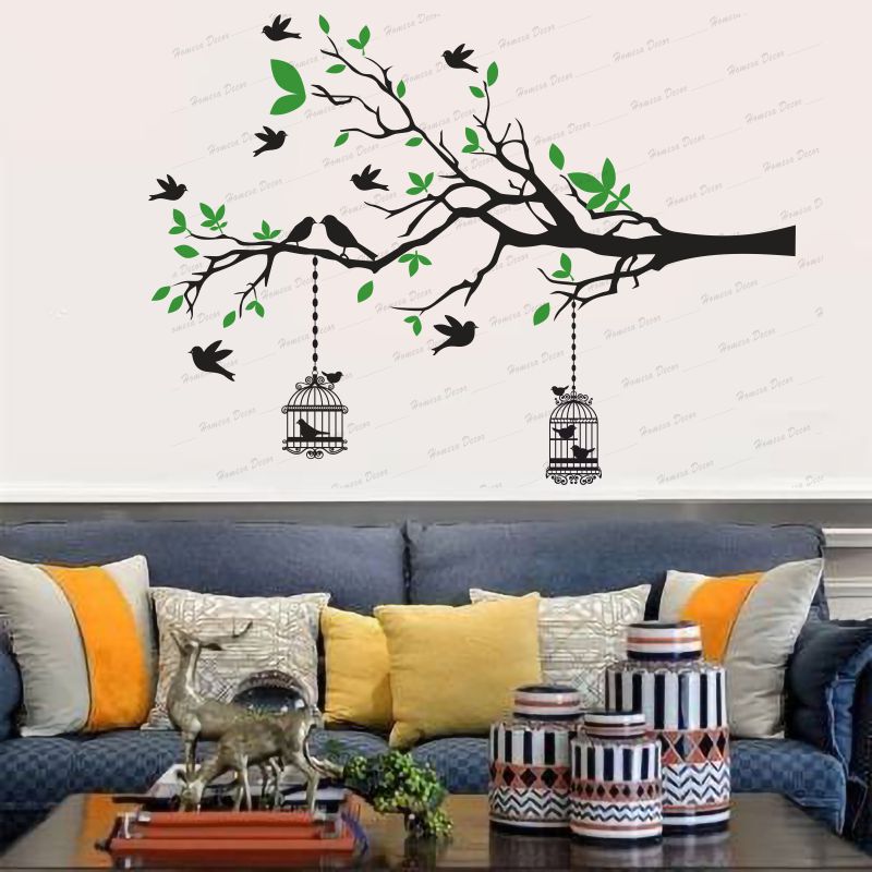 Homexa Decor | Branches With Birds and With Hanging Cages Design Wall Sticker (Size 117 X 85 cm)