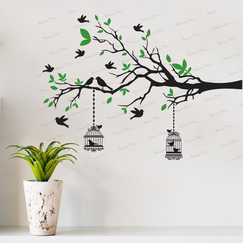 Homexa Decor | Branches With Birds and With Hanging Cages Design Wall Sticker (Size 117 X 85 cm)