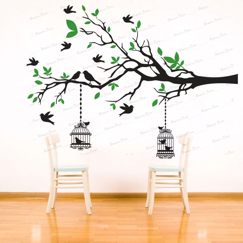 Homexa Decor | Branches With Birds and With Hanging Cages Design Wall Sticker (Size 117 X 85 cm)