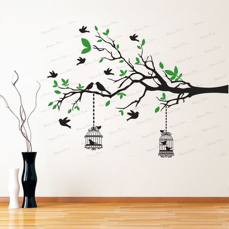 Homexa Decor | Branches With Birds and With Hanging Cages Design Wall Sticker (Size 117 X 85 cm)