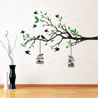 Homexa Decor | Branches With Birds and With Hanging Cages Design Wall Sticker (Size 117 X 85 cm)