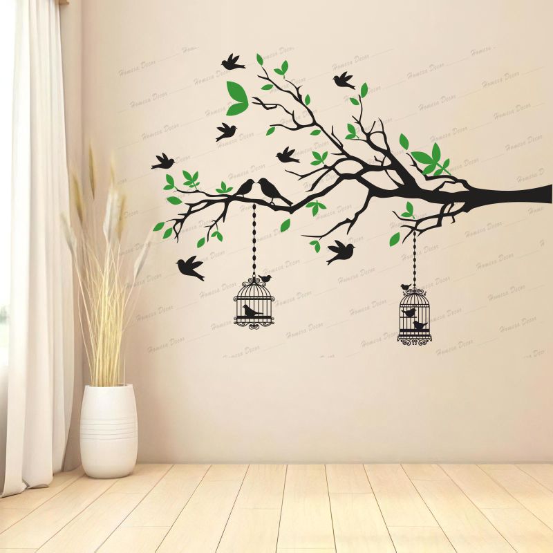 Homexa Decor | Branches With Birds and With Hanging Cages Design Wall Sticker (Size 117 X 85 cm)