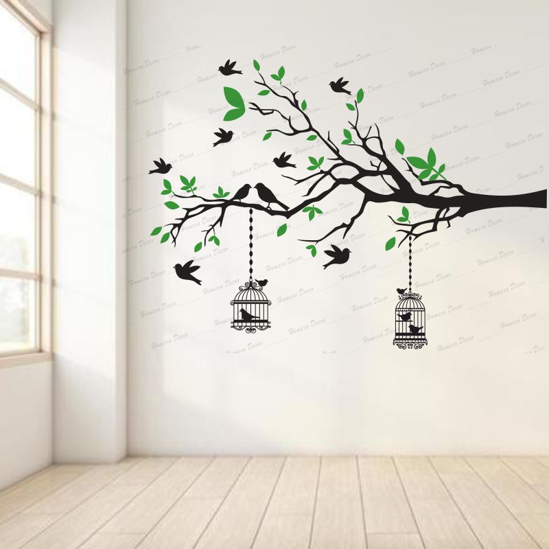 Homexa Decor | Branches With Birds and With Hanging Cages Design Wall Sticker (Size 117 X 85 cm)