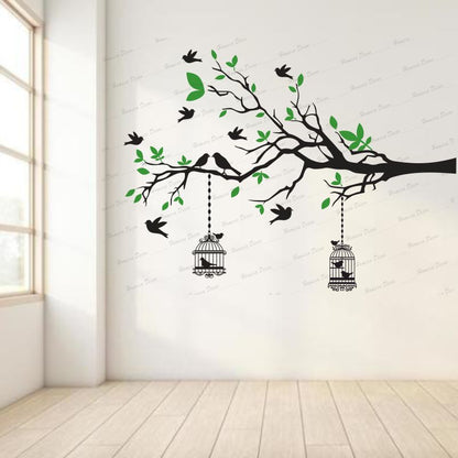 Homexa Decor | Branches With Birds and With Hanging Cages Design Wall Sticker (Size 117 X 85 cm)
