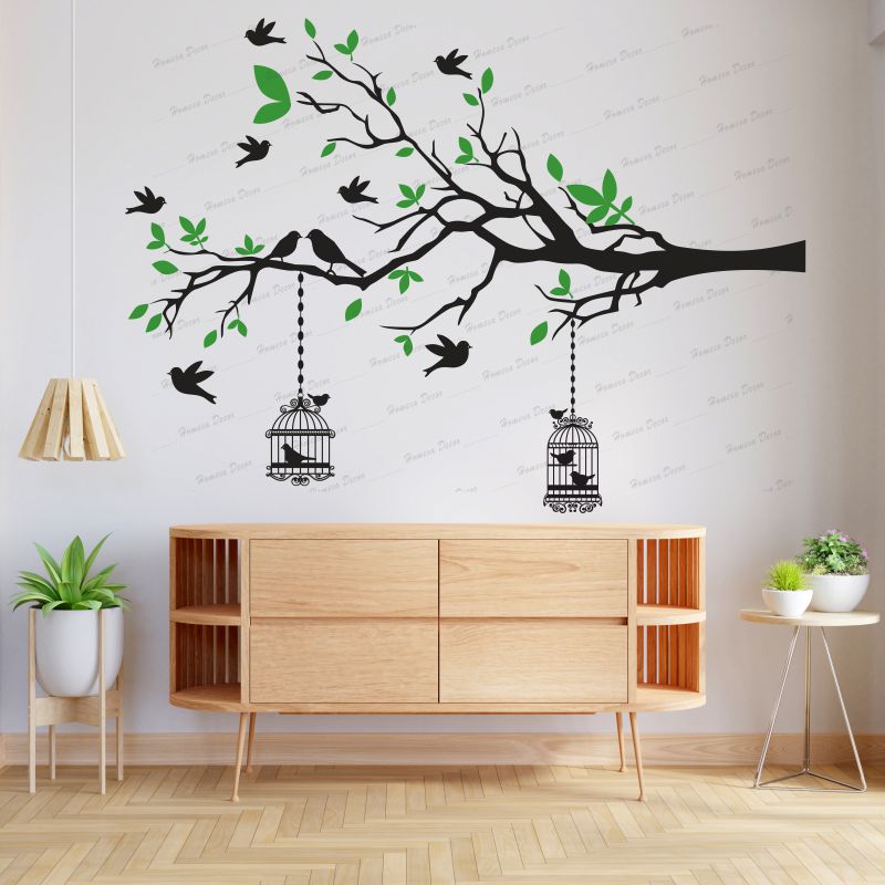 Homexa Decor | Branches With Birds and With Hanging Cages Design Wall Sticker (Size 117 X 85 cm)