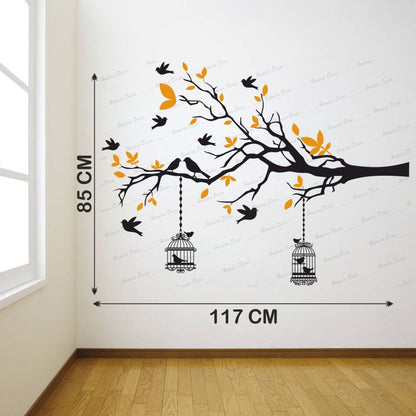 Homexa Decor | Branches With Birds and With Hanging Cages Design Wall Sticker (Size 117 X 85 cm)