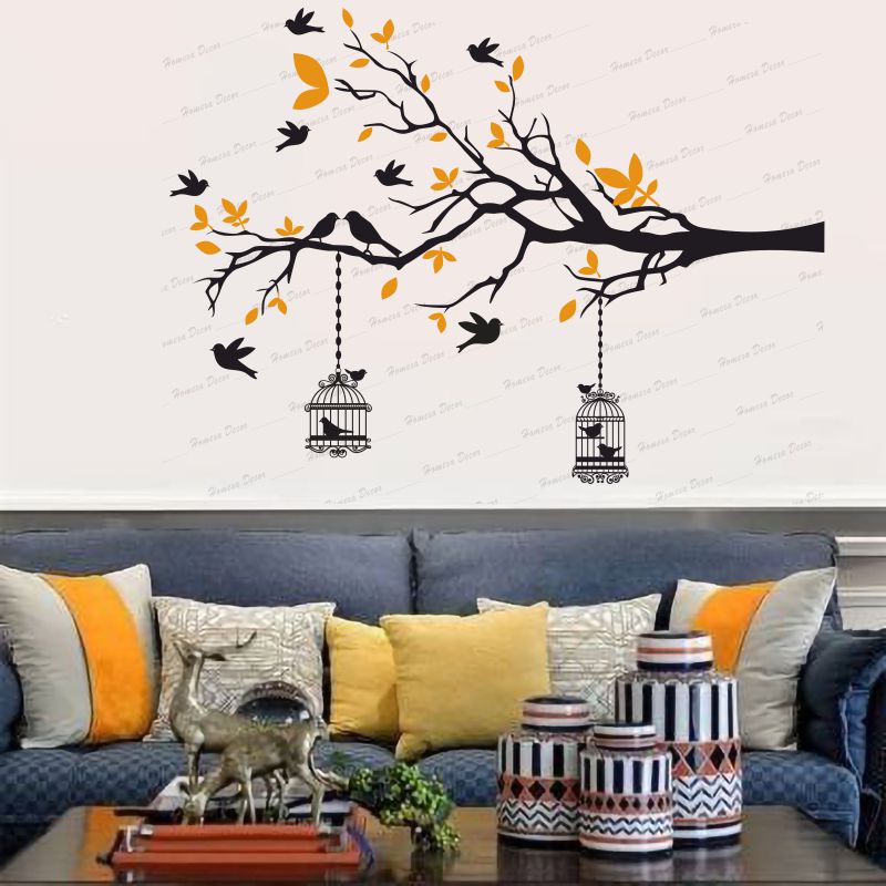 Homexa Decor | Branches With Birds and With Hanging Cages Design Wall Sticker (Size 117 X 85 cm)