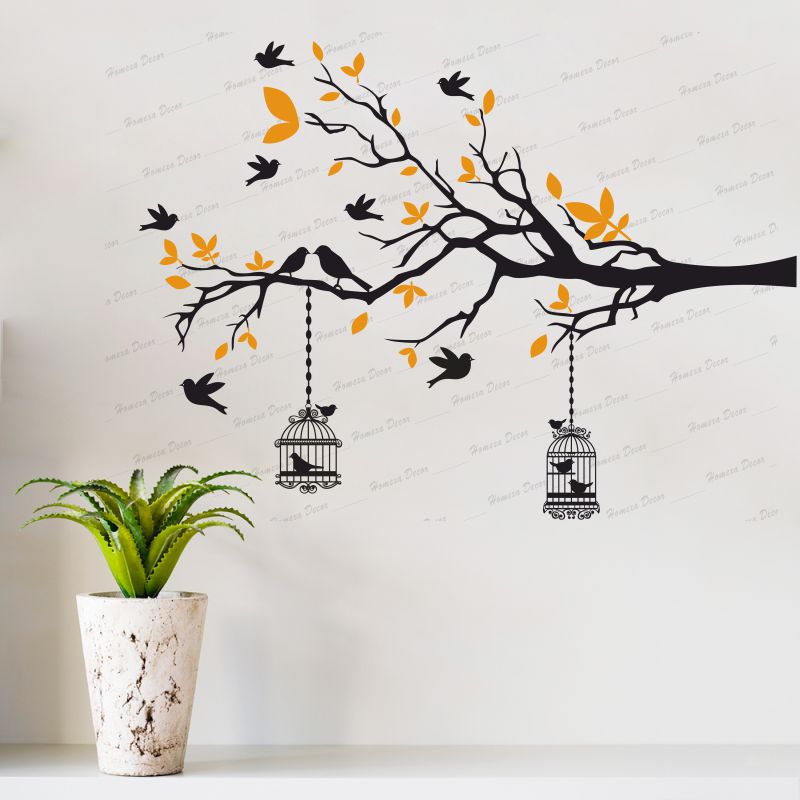 Homexa Decor | Branches With Birds and With Hanging Cages Design Wall Sticker (Size 117 X 85 cm)