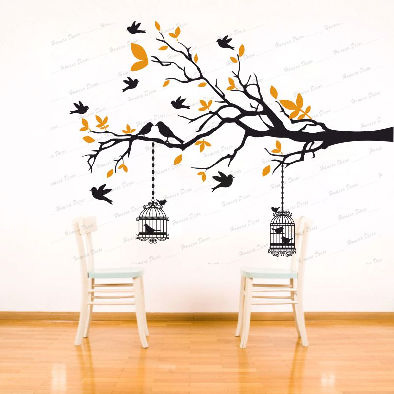 Homexa Decor | Branches With Birds and With Hanging Cages Design Wall Sticker (Size 117 X 85 cm)