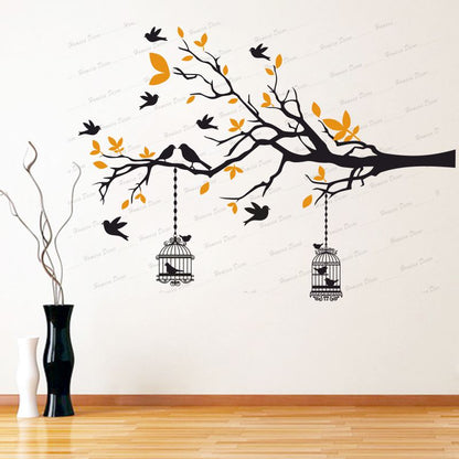 Homexa Decor | Branches With Birds and With Hanging Cages Design Wall Sticker (Size 117 X 85 cm)