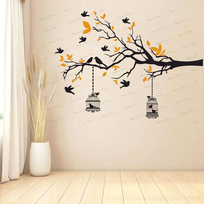 Homexa Decor | Branches With Birds and With Hanging Cages Design Wall Sticker (Size 117 X 85 cm)